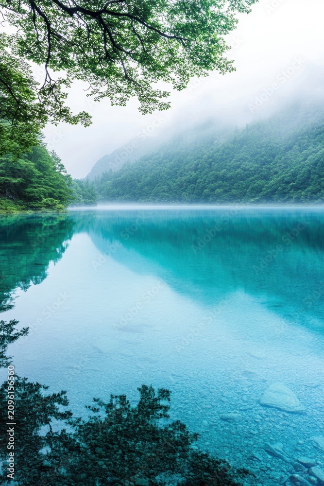 Obraz premium Serene blue lake reflecting misty mountains and lush green trees