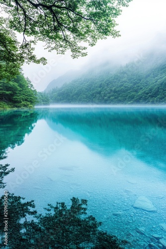 Serene blue lake reflecting misty mountains and lush green trees