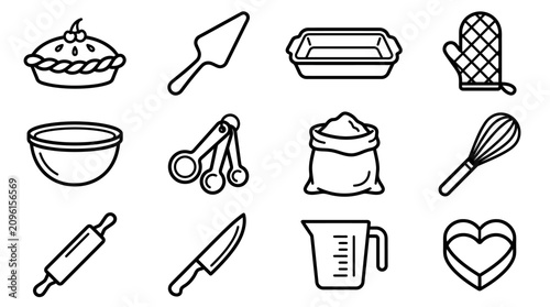 Foto Baking Icons Set: Pie, Utensils, Ingredients, and Tools
