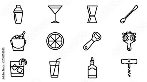 Foto Cocktail Bar Tools and Drinks Icons Set: Shaker, Glass, Jigger, Spoon, Ice, Citr