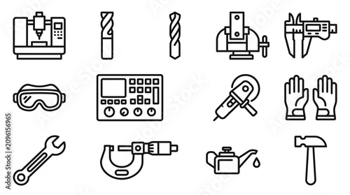 Konstfotografi Industrial Tools and Equipment Icons Set - Manufacturing, Engineering, and Machi