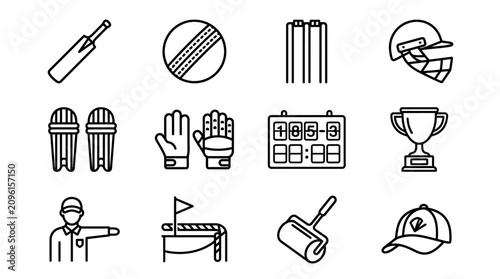 Cricket Sport Icons Set: Bat, Ball, Wicket, Helmet, Gloves, Trophy, Scoreboard, Umpire, Cap