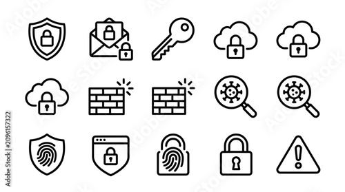 Photos Cyber Security Icons: Shield, Lock, Cloud, Key, Firewall, Virus Scan, Fingerprin