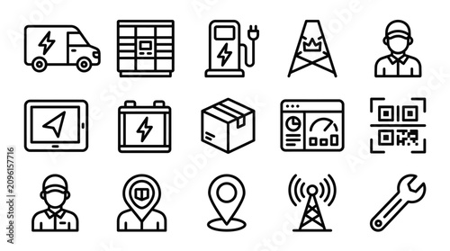 Foto Electric Vehicle Icons: Van, Charger, Battery, Map, QR Code, Technician, Wrench