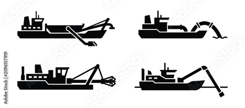 Set of black silhouette icons of different industrial dredging ships and water pump vessels