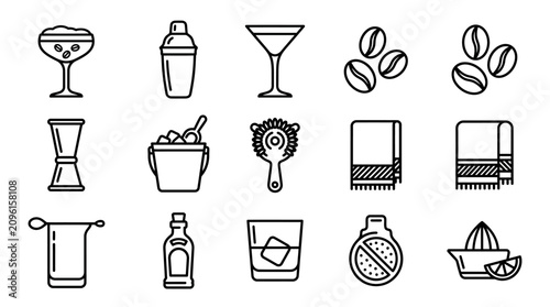 Foto Cocktail Bar Icons: Tools, Ingredients, and Drinks for Mixology and Party