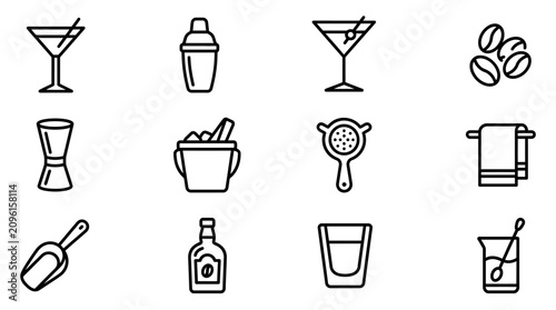 Foto Cocktail Bar Icons: Martini Glass, Shaker, Jigger, Strainer, Ice Bucket, Coffee