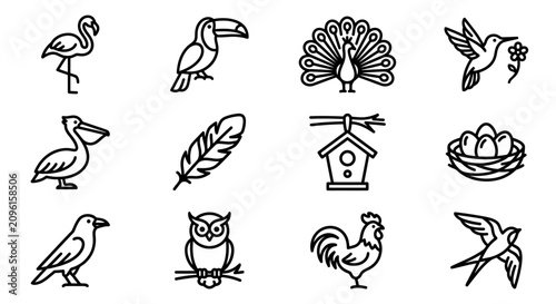 Tableau sur toile Set of 12 Bird Icons: Flamingo, Toucan, Peacock, Hummingbird, Pelican, Feather,