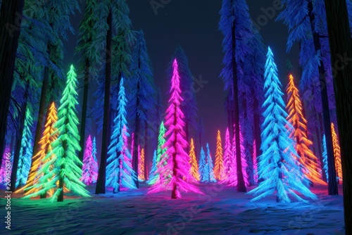Glowing neon pine trees illuminating a snowy winter forest at night in a sharp focus cinematic shot for holiday marketing and creative design