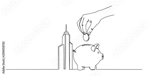 Konstfotografi hand putting coin in piggy bank with skyscraper