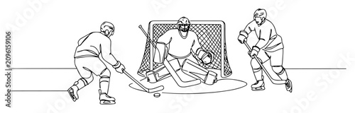 Photography ice hockey match with players and goalie action