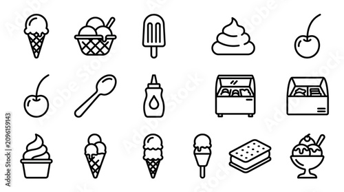 Foto Ice Cream Icons Set: Cones, Popsicle, Sundae, Cherry, Spoon, Sauce Bottle, Displ