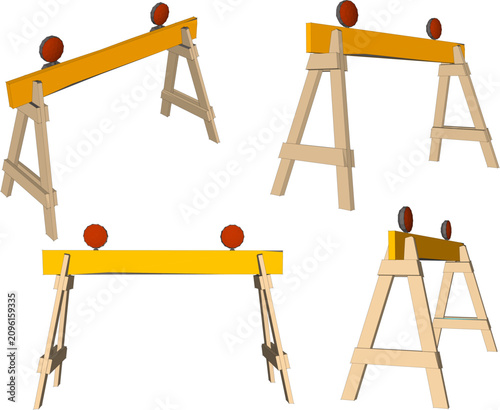 Isometric 3D model illustration of a yellow wooden construction safety barricade with orange warning flasher lights shown from four perspective angles