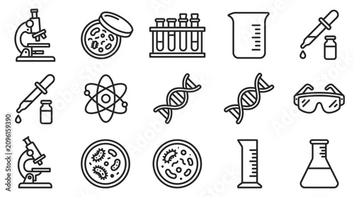 Science Icons Set: Microscope, DNA, Bacteria, Beaker, Dropper, Lab Equipment, Research