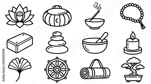 Foto Zen Buddhism Icons Set: Lotus, Incense, Stones, Prayer Beads, Dharma Wheel, Bons