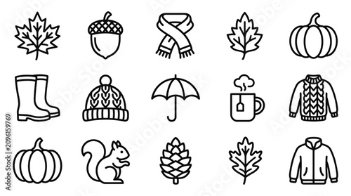 Obraz na plátně Autumn Season Icons Collection: Leaves, Pumpkin, Acorn, Sweater, Scarf, Boots, H