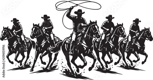 Black cowboys riding horses, western vector icons, horseback riders, lasso silhouette