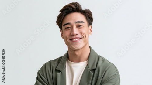 Portrait of a handsome young asian male professional smiling confidently against a white background