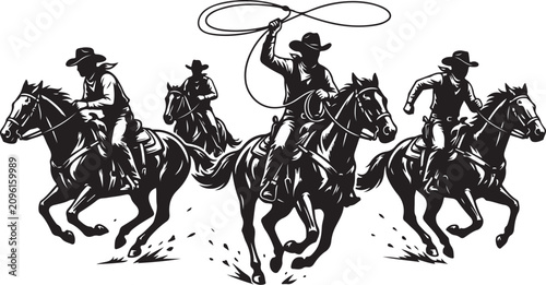 Western cowboys riding horses, black and white vector illustration, rodeo icons, cowboy silhouettes