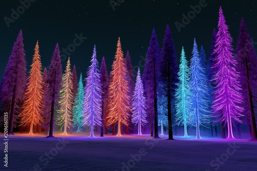 Illuminated pine trees glowing in neon colors in a snowy winter forest for holiday season advertising
