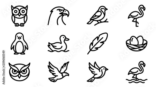 Fényképezés Set of Bird Icons: Owl, Eagle, Sparrow, Flamingo, Penguin, Duck, Feather, Nest