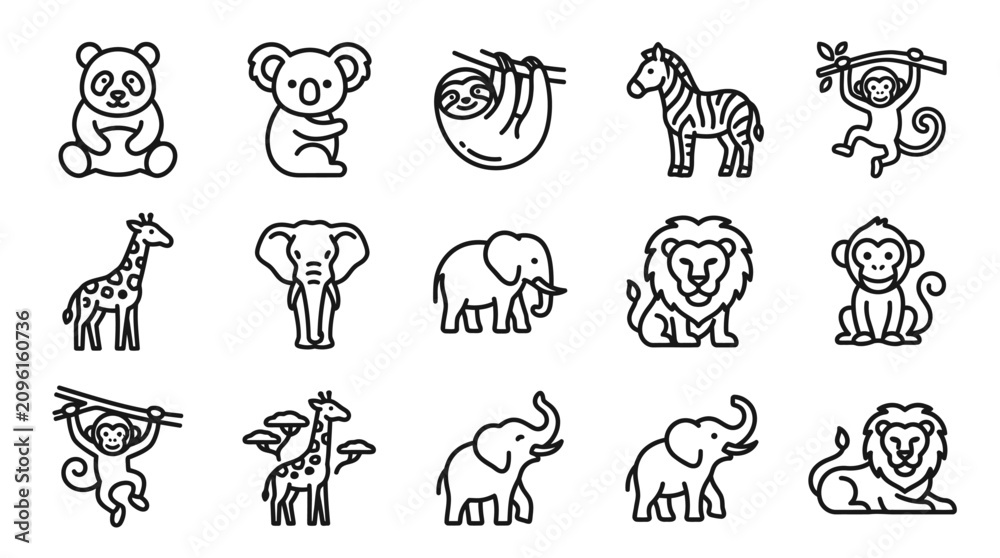 Fototapeta premium Cute Jungle Animal Icons: Panda, Koala, Sloth, Zebra, Monkey, Giraffe, Elephant, Lion
