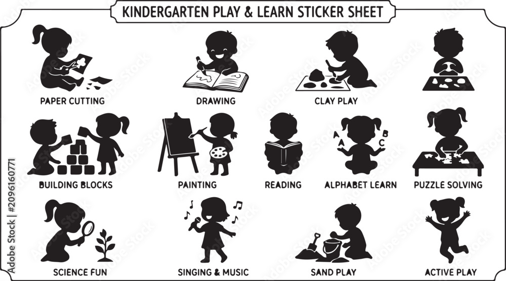 Fototapeta premium Kindergarten play, learn stickers, educational vector icons, black and white