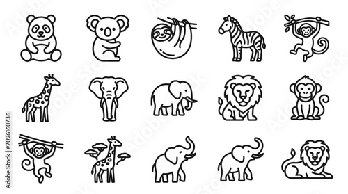 Canvas Print Cute Jungle Animal Icons: Panda, Koala, Sloth, Zebra, Monkey, Giraffe, Elephant,