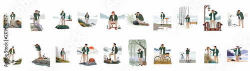 Set of flat vector illustrations depicting a male photographer capturing different natural landscapes and scenic outdoor environments with professional camera equipment.