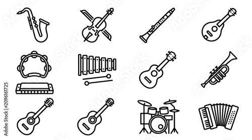 Fotografie Collection of Musical Instruments Icons: Saxophone, Violin, Guitar, Trumpet, Dru