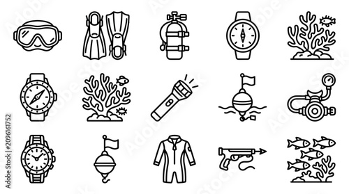 Schilderij op canvas Scuba Diving Equipment Icons: Mask, Fins, Tank, Watch, Coral, Flashlight, Buoy,