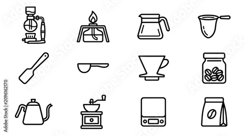 Cuadro en lienzo Coffee Brewing Equipment Icons: Syphon, Kettle, Grinder, Scale, Dripper, Beans,