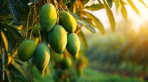 Fresh green mangoes dangle from tree branches in a vibrant orchard illuminated by the soft light of sunrise