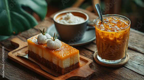 Indulgent dessert display with creamy cheesecake iced coffee and fluffy whipped cream set on a warm inviting table
