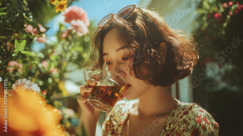Woman savoring a cool drink amidst colorful flowers in a sunny garden atmosphere