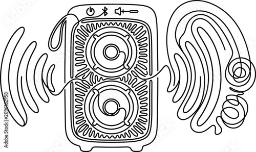 Bild auf Leinwand Continuous line art illustration of a portable bluetooth speaker and headphones