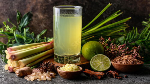 Invigorating herbal beverage featuring lemongrass ginger and lime accompanied by vibrant fresh ingredients
