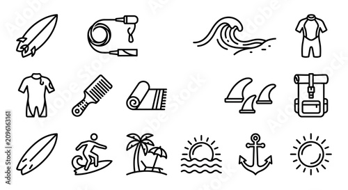 Fotografie Surfing Icons Set: Surfboard, Wetsuit, Wave, Towel, Fins, Anchor, Sun