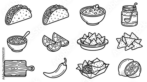 Bild auf Leinwand Mexican Food Icons: Tacos, Guacamole, Nachos, Chili, Lime, Lemon, Cutting Board