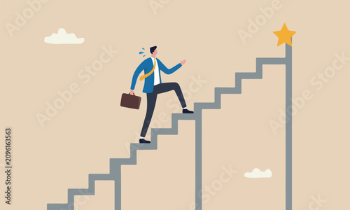 Business overcome success goal, big step for career or adversity concept, businessman trying hard with full effort to climb up big step ladder or stairway