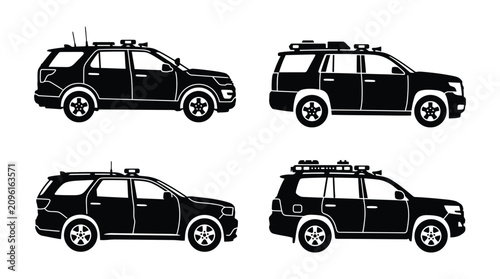 Set of black silhouettes of modern police and utility suv vehicles in side view
