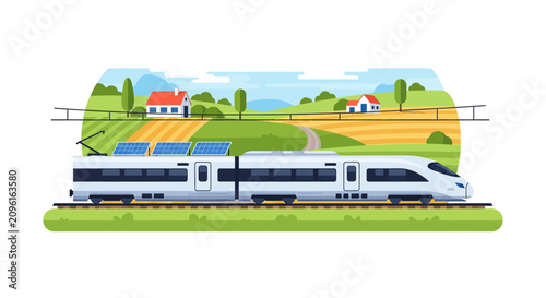 Modern High-Speed Electric Train with Solar Panels Traveling Through Rural Landscape Vector Illustration. Sustainable Green Energy Transportation Concept.
