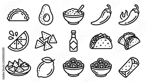 Foto Mexican Food Icons Set: Tacos, Guacamole, Chili Peppers, Nachos, Avocado, Lime,