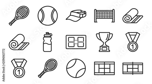 Tennis Icons Set: Racquet, Ball, Net, Trophy, Medal, Visor, Water Bottle, Scoreboard