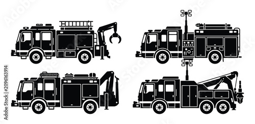 Set of black silhouette rescue fire truck vehicles and emergency utility service heavy machines