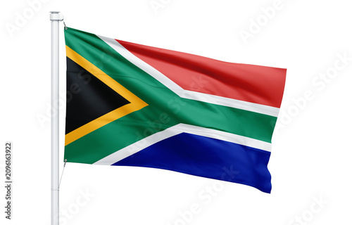 Bild auf Leinwand A south african flag waving gently against a black background on a white flagpol