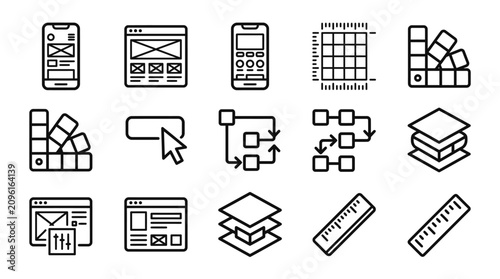 Foto UI UX Design Icons: Wireframing, Prototyping, Color Palette, Layouts, Ruler - Ve