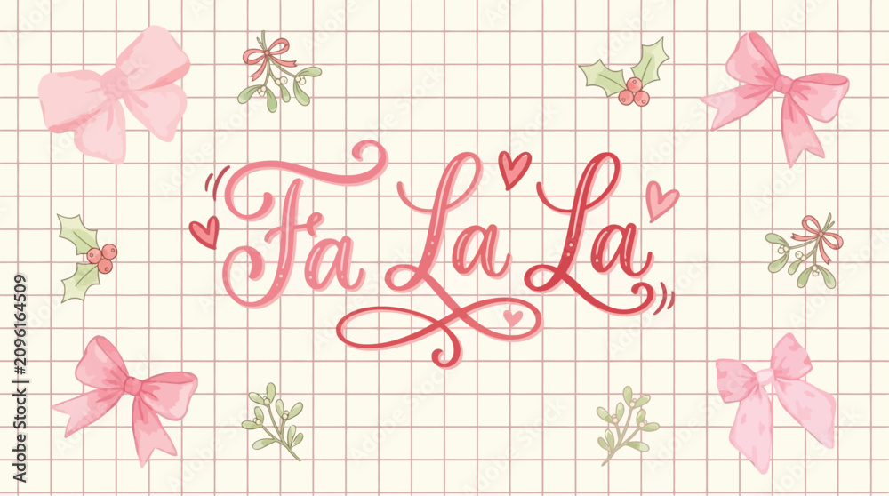 Fototapeta premium Festive Fa La La Christmas Typography Poster with Hand Lettered Script Carol Quote on Modern Pink Grid Pattern Background for Holiday Greeting Card or Seasonal Wall Art Print Design
