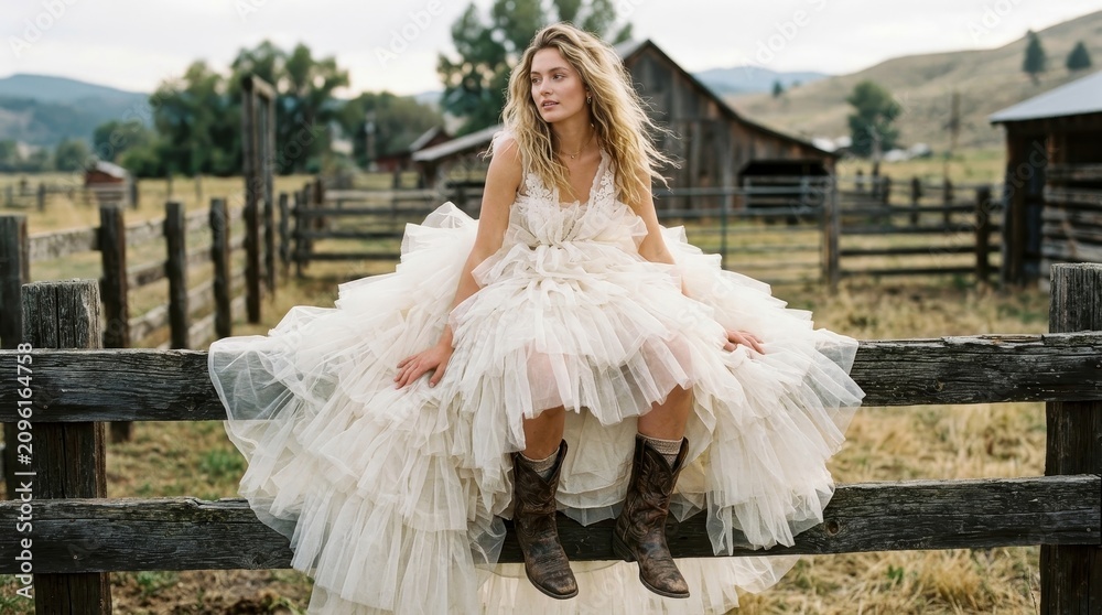 Fototapeta premium Woman in a white wedding dress sits on a rustic fence in sunlight.