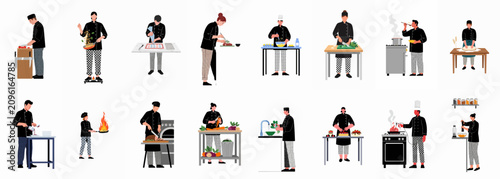 Принти на полотні Collection of professional chefs and cooks in black uniforms performing various culinary tasks and food preparation in a commercial kitchen setting